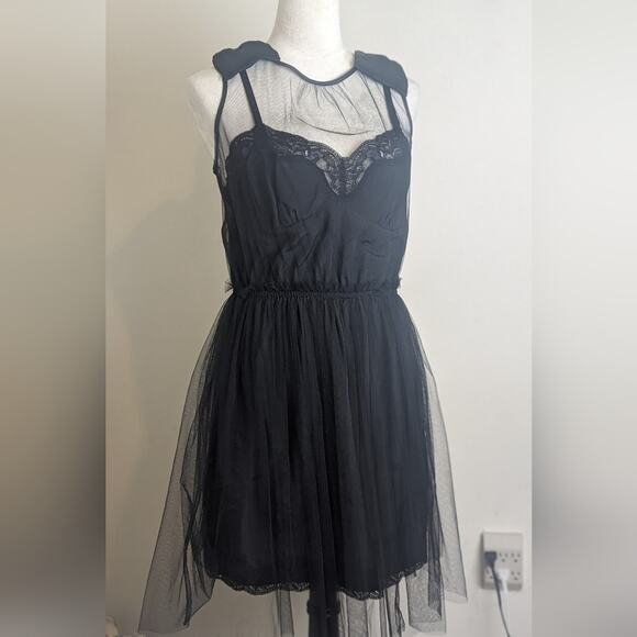 Whimsigoth Babydoll Tule Vamp Mini Dress Bow Details Women's Size Large - Picture 2 of 8